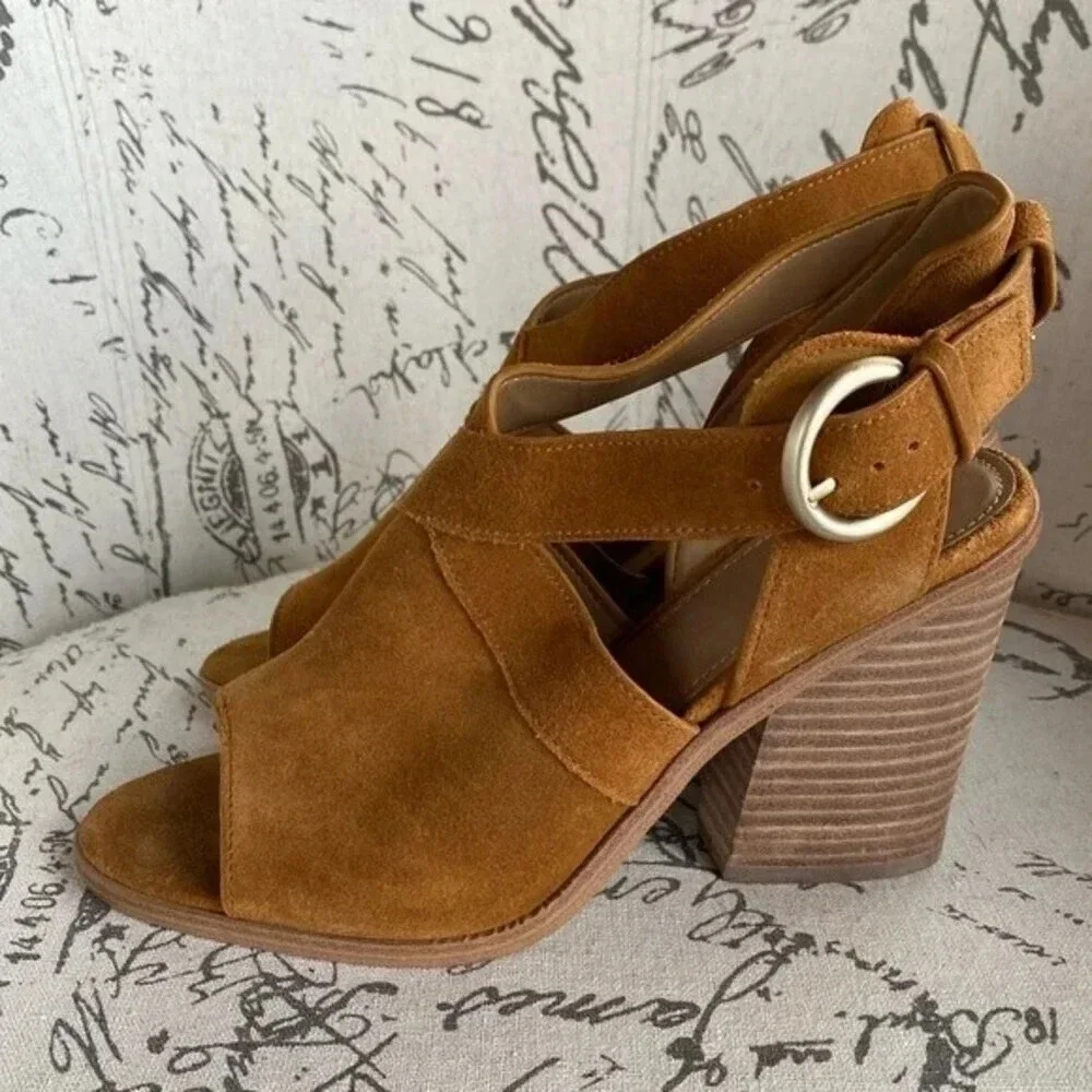 NEW,‎ Marc Fisher, Vega, Suede Peep Toe Sandal, Stacked Block Heel, Tan, Brown
